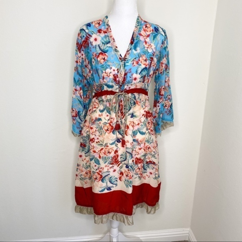 Johnny Was long sleeves floral adjustable waist tie button front closure dress - Picture 15 of 15